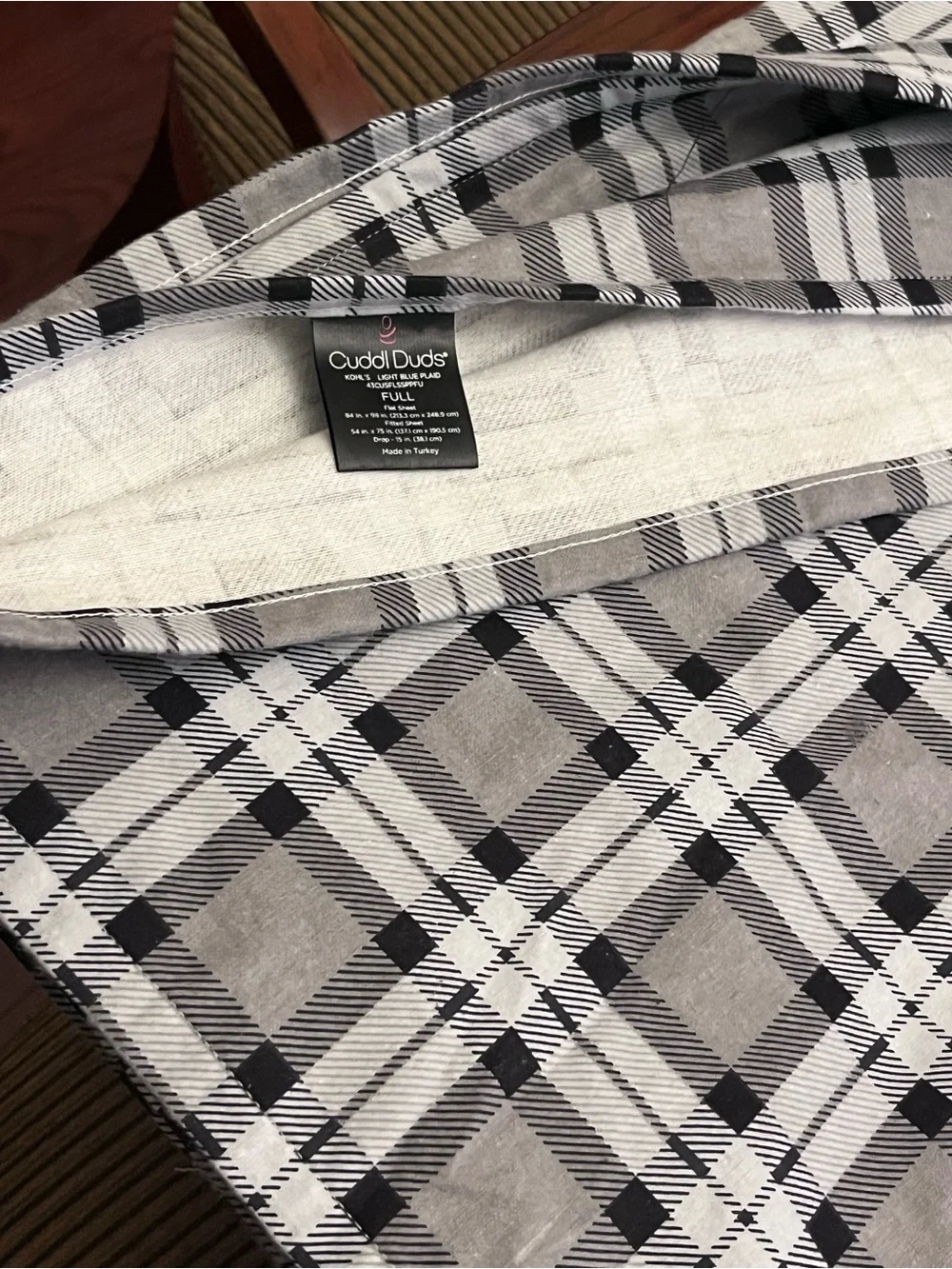 Cuddl Duds Plaid Flannel Flat Sheet- Gray, blue, Black